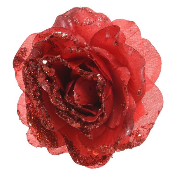 Fleur décorative sur pince pailletée Rouge