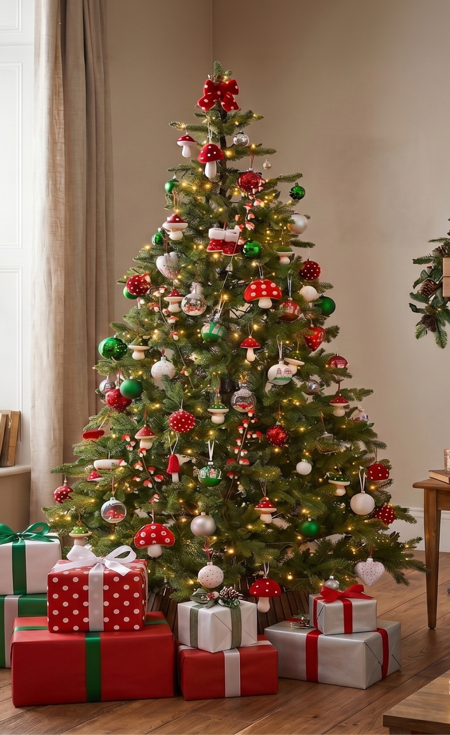 sapin de No�l  d�cor� en rouge, vert et blanc
