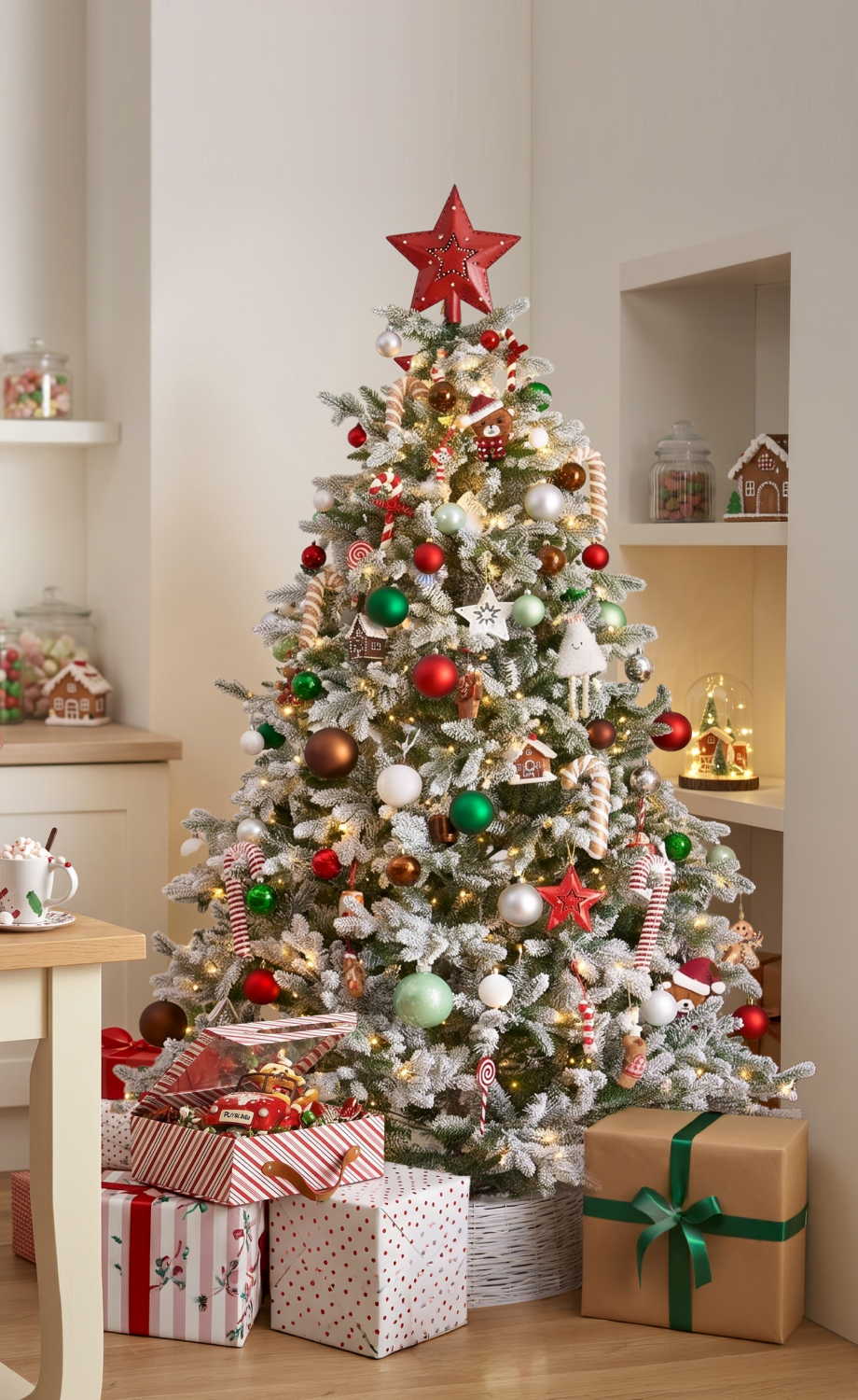 verschneiter Weihnachtsbaum, geschm�ckt in Rot, Gr�n und Wei�