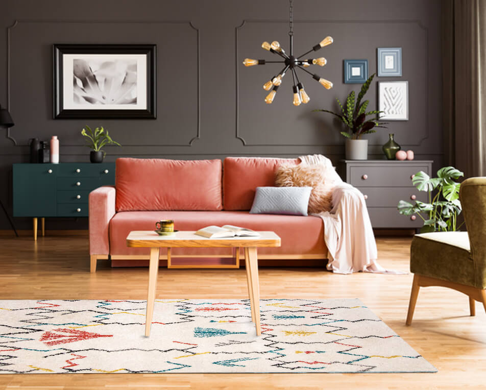 Saln contemporneo con alfombra estilo bereber coloreada