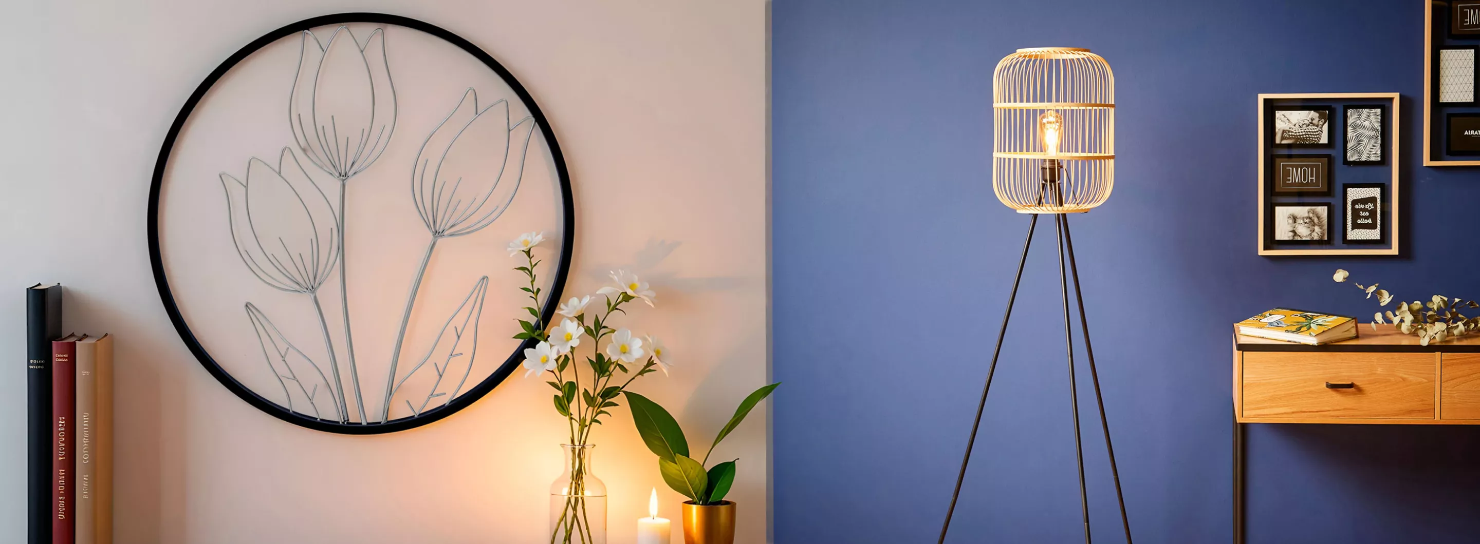lampadaire en bambou et déco murale en métal motif tulipe