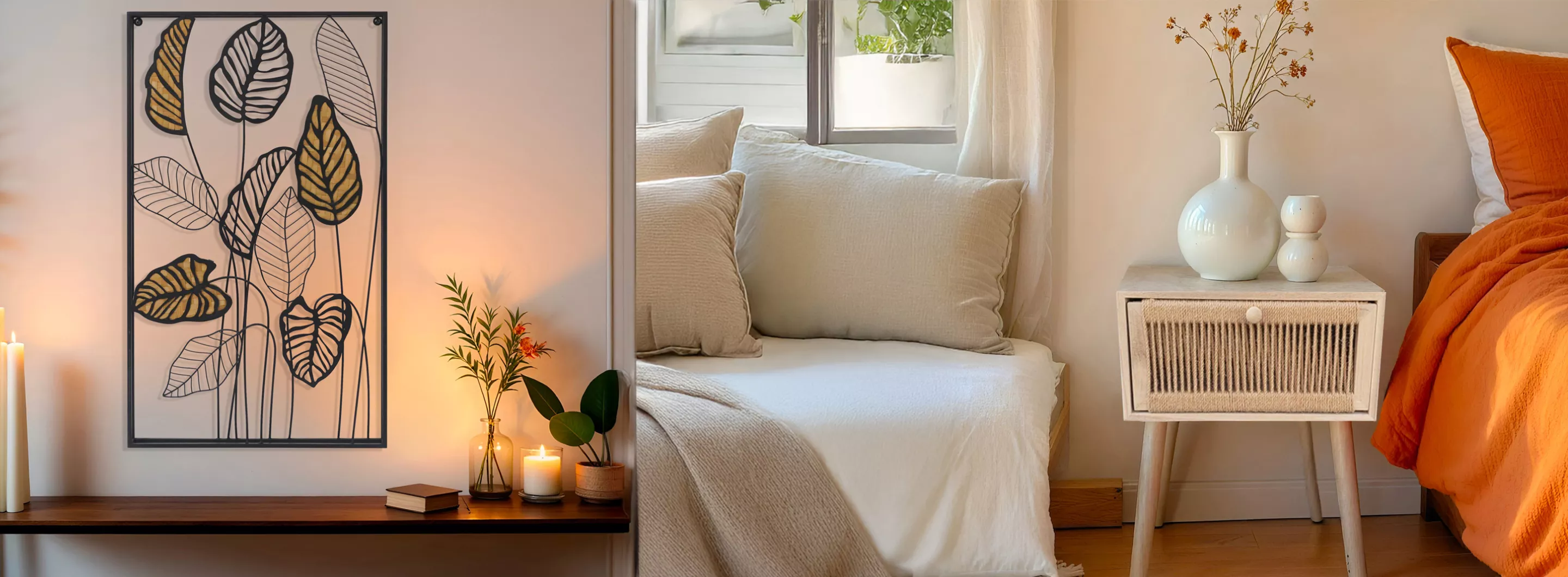 Wanddeko aus schwarzem Metall und Nachttisch aus Holz und Kordel