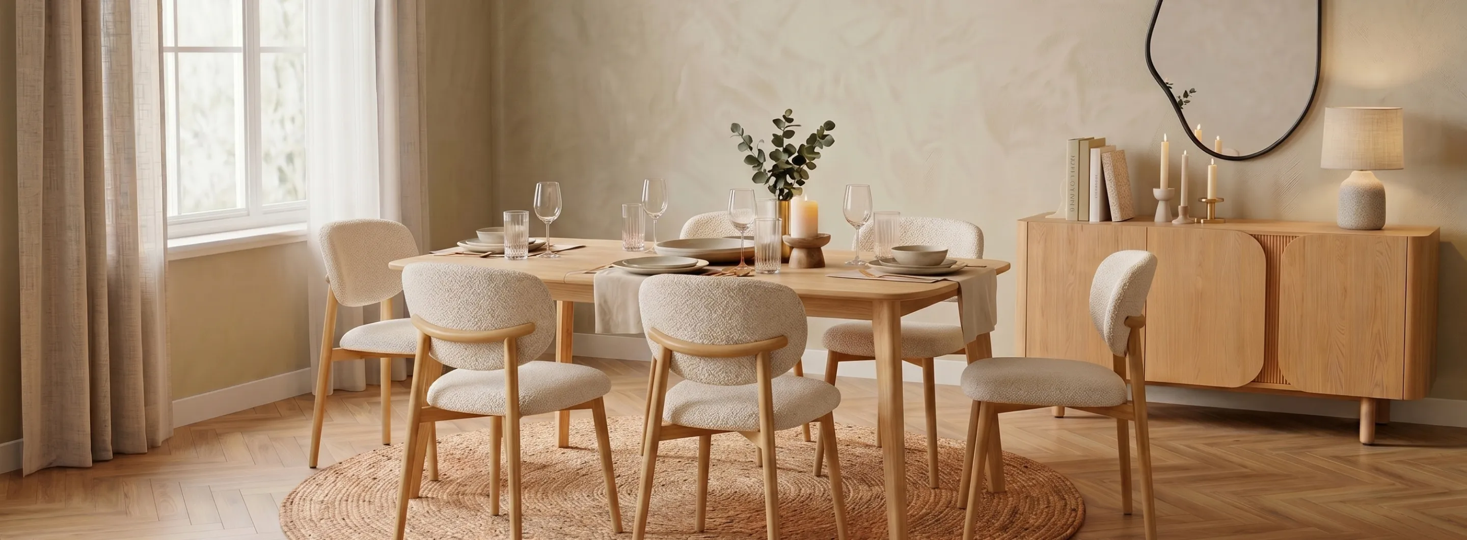 mesa de comedor y sillas de madera y tela