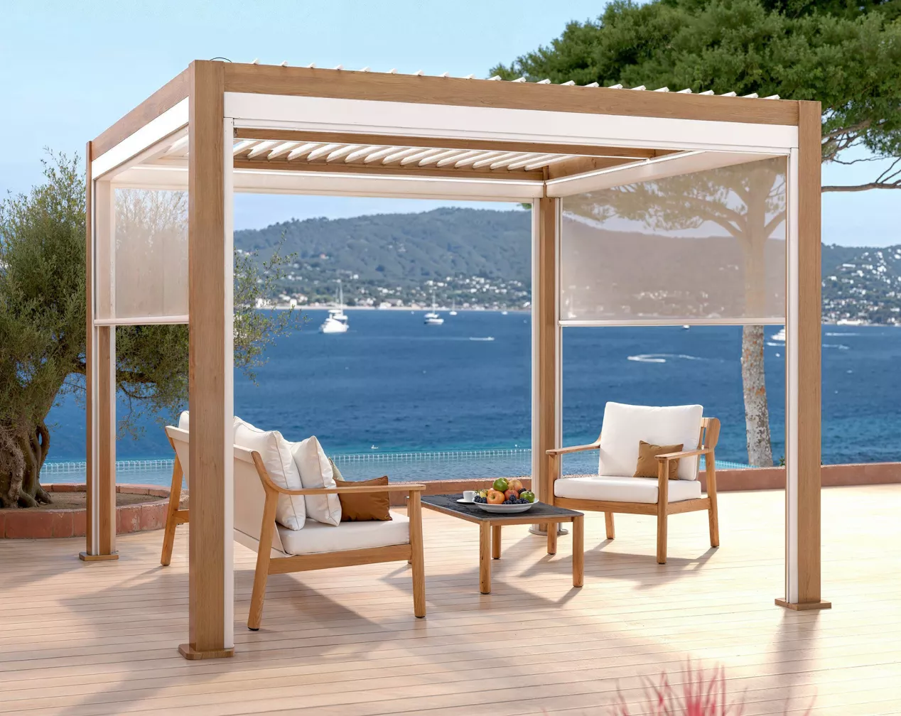pérgola bioclimática de aluminio con efecto madera