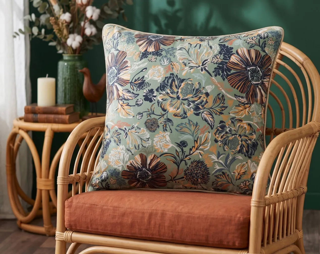 cojín cuadrado con estampado floral azul