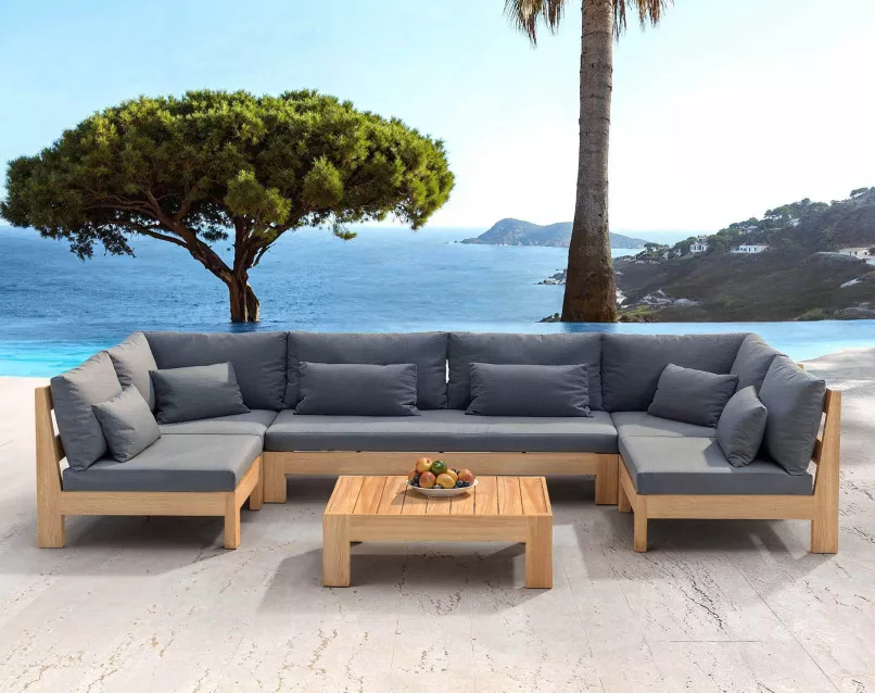 muebles esquineros de jardín de madera y cojines gris antracita