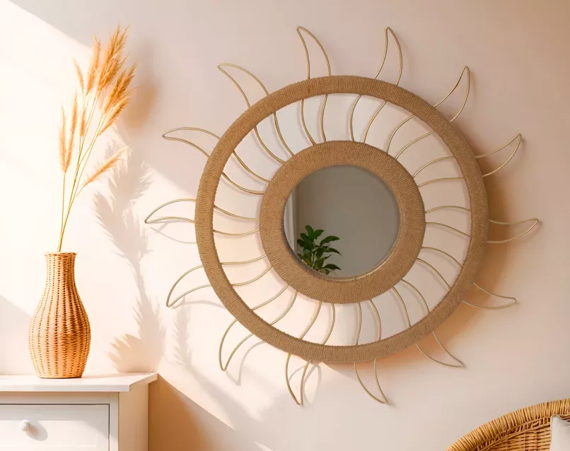miroir en chanvre en forme de soleil