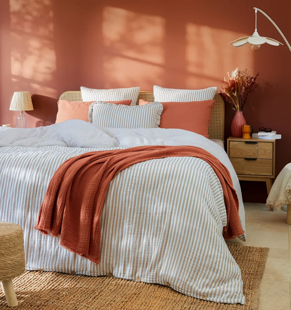 housse de couette en gaze de coton à rayures beige