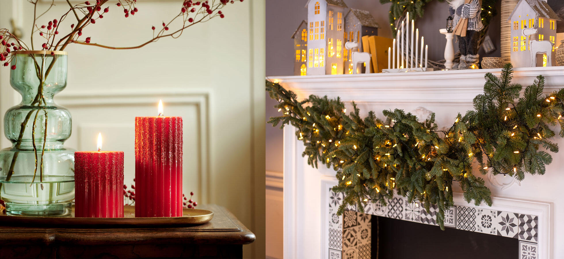 Decoración navideña de chimenea y velas navideñas.