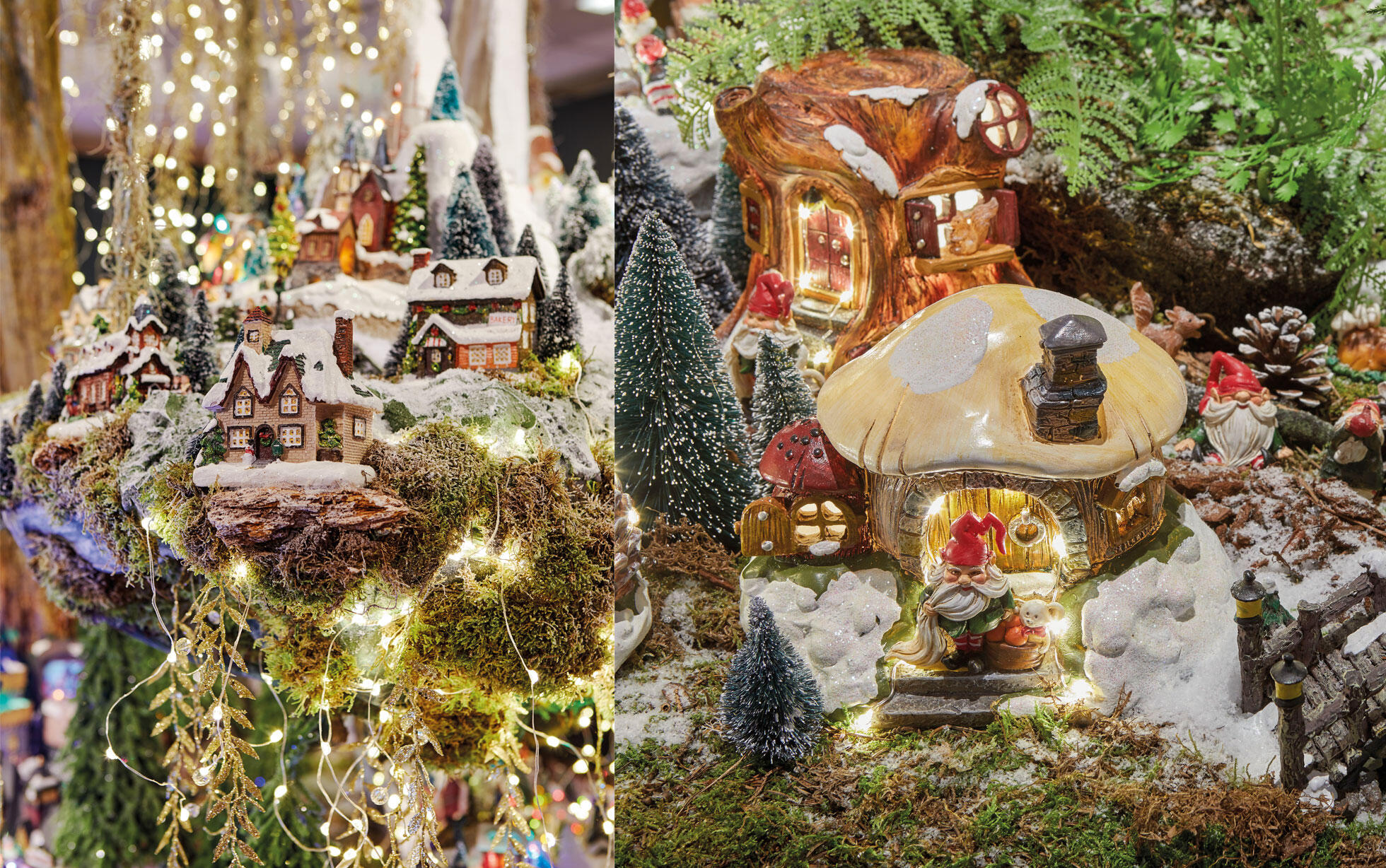 Villaggio natalizio sospeso con piccoli elfi