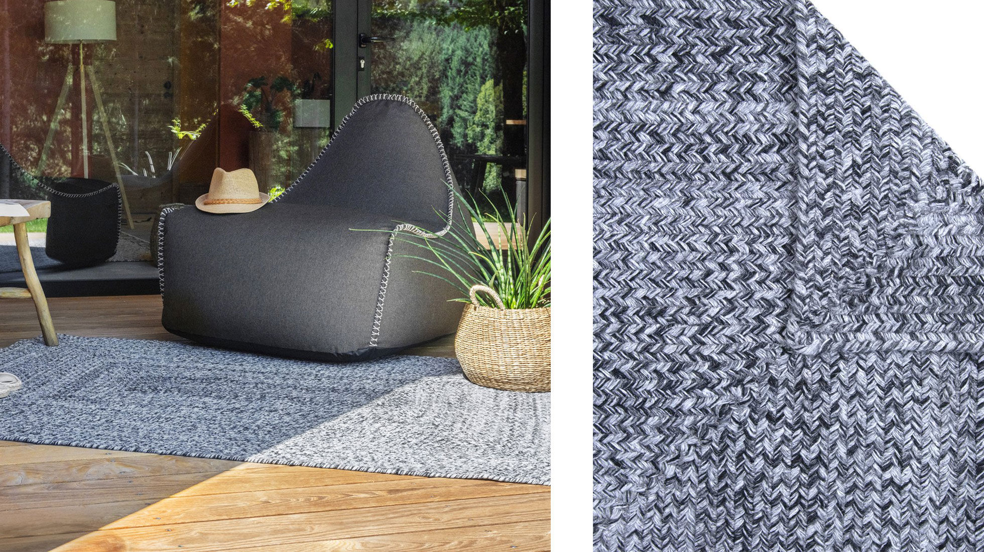 Sessel Outdoor auf einem Outdoor Teppich und Zoom Material
