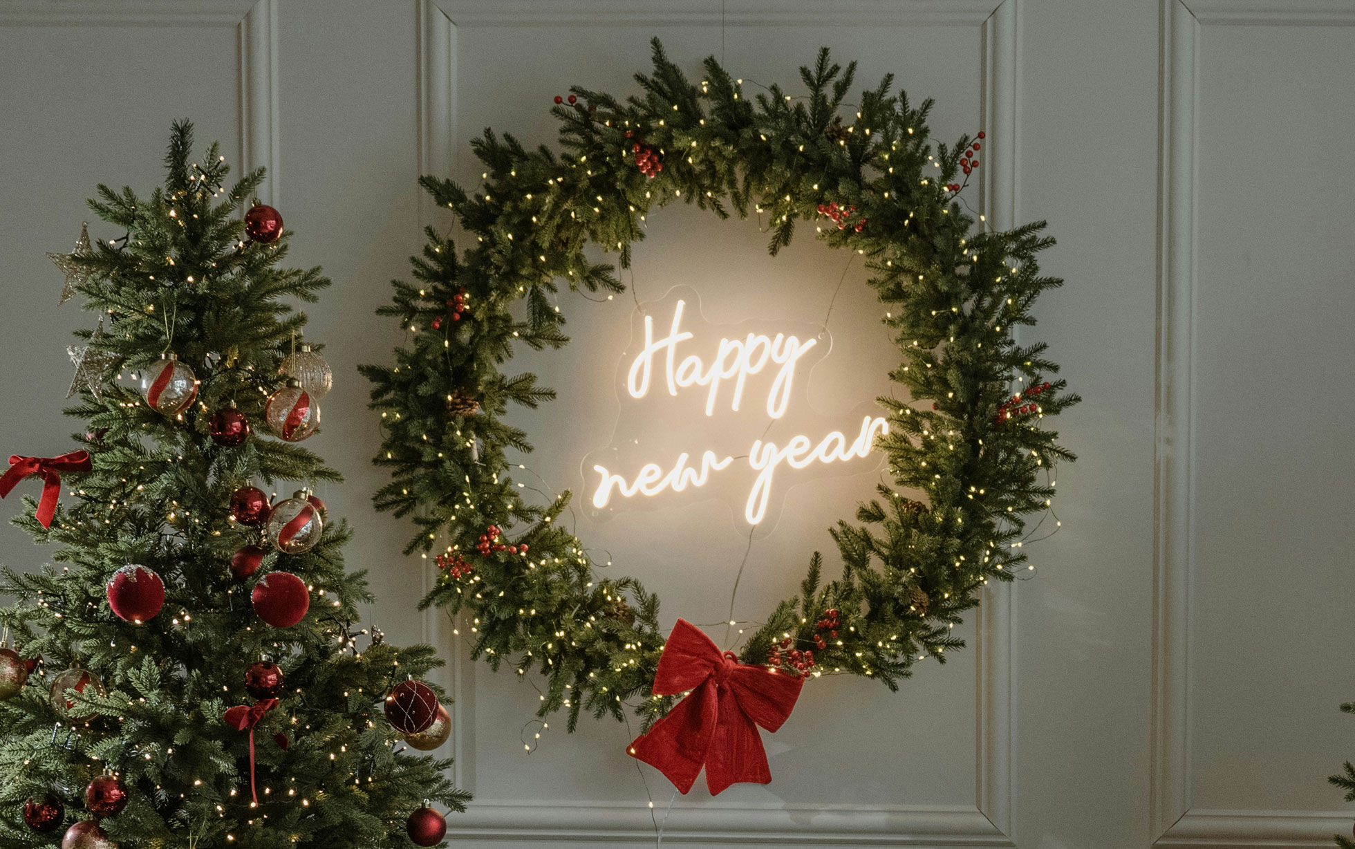 couronne de noel lumineuse message happy new year