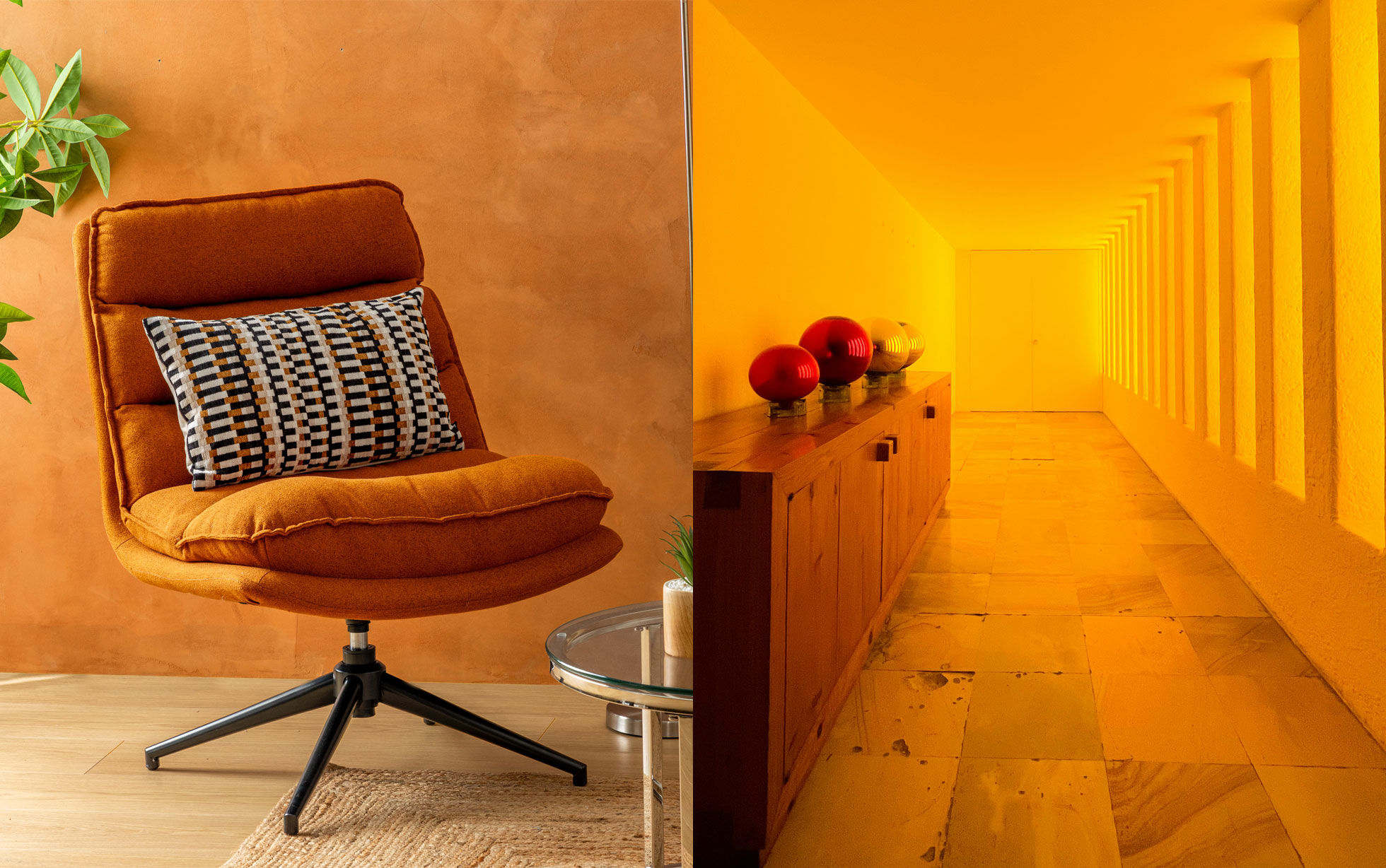 fauteuil orange brulé et murs ambre