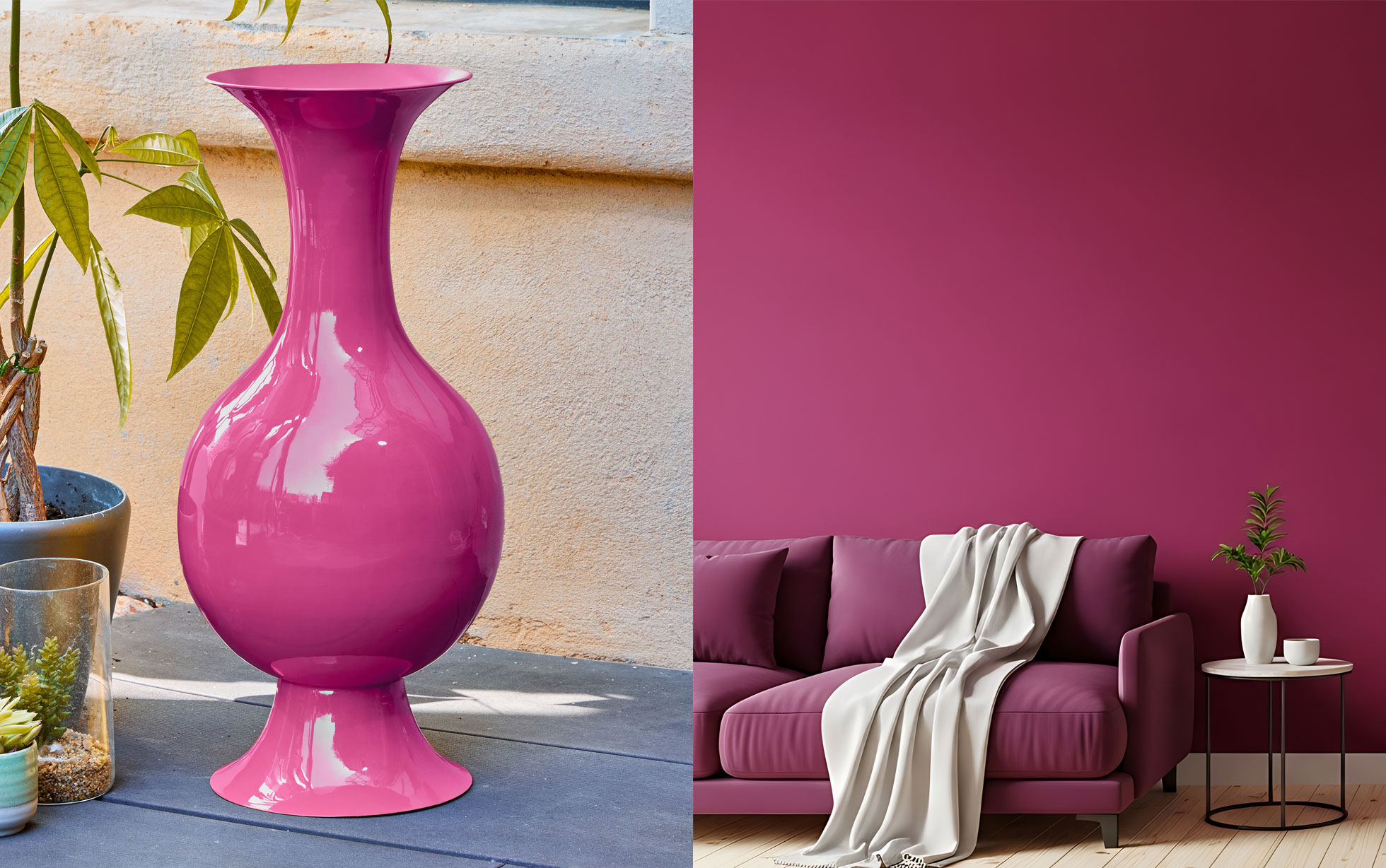 Vaso in metallo smaltato fucsia e pareti color prugna