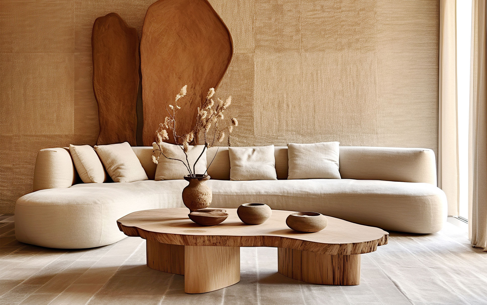 Sofa abgerundet beige und Tisch aus Massivholz