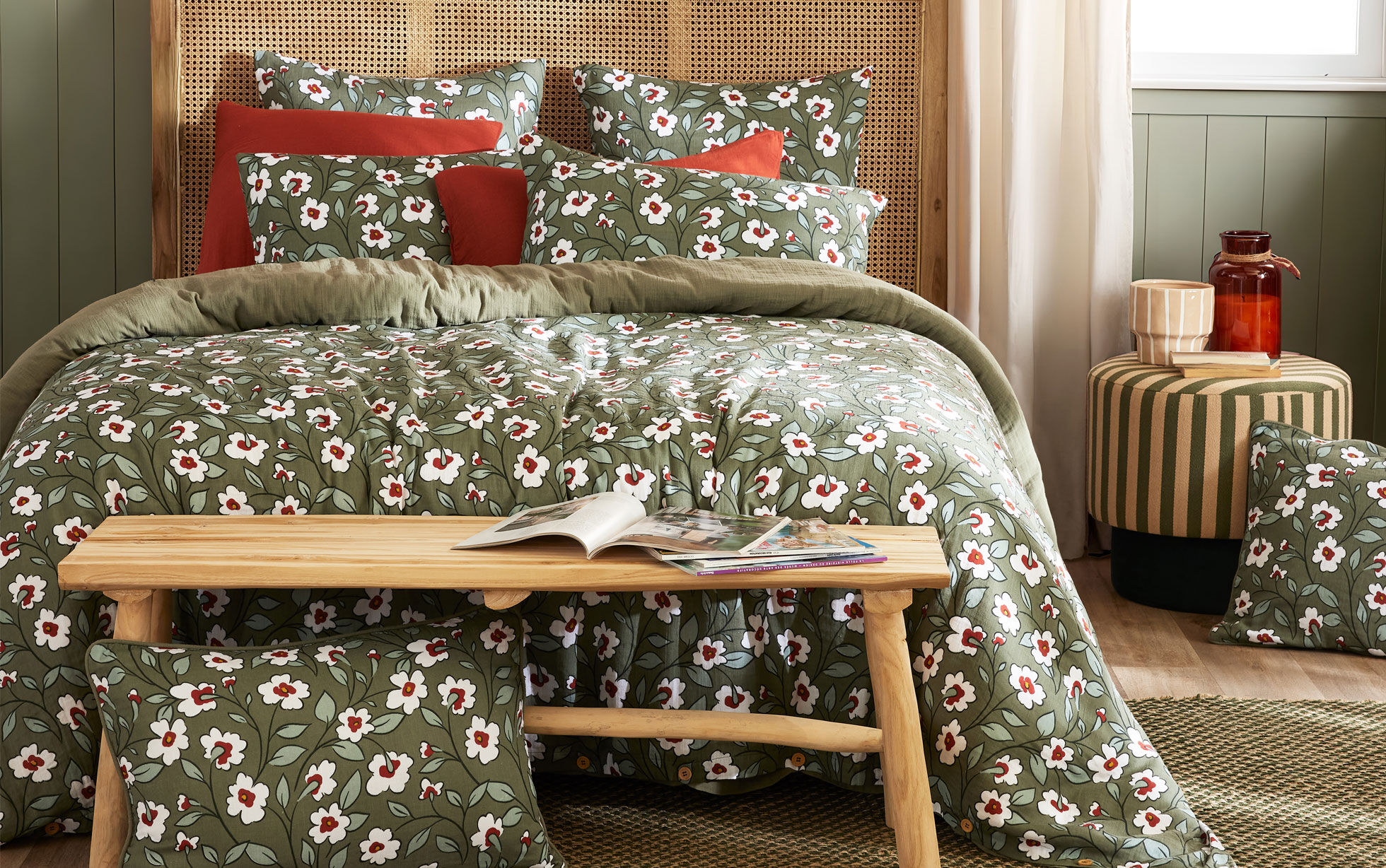 housse de couette fleurie vert romarin