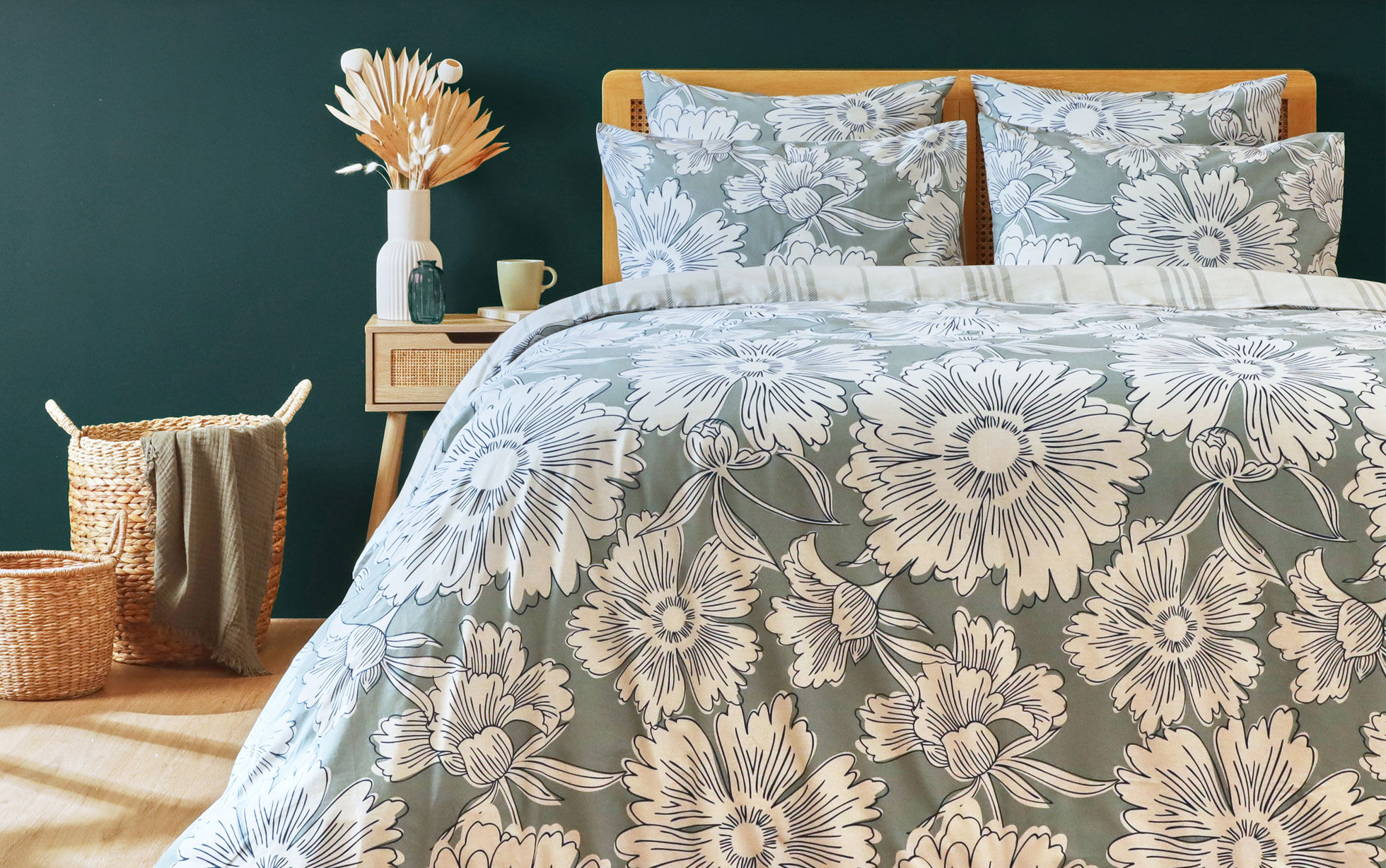 housse de couette coton classique motif fleuri vert