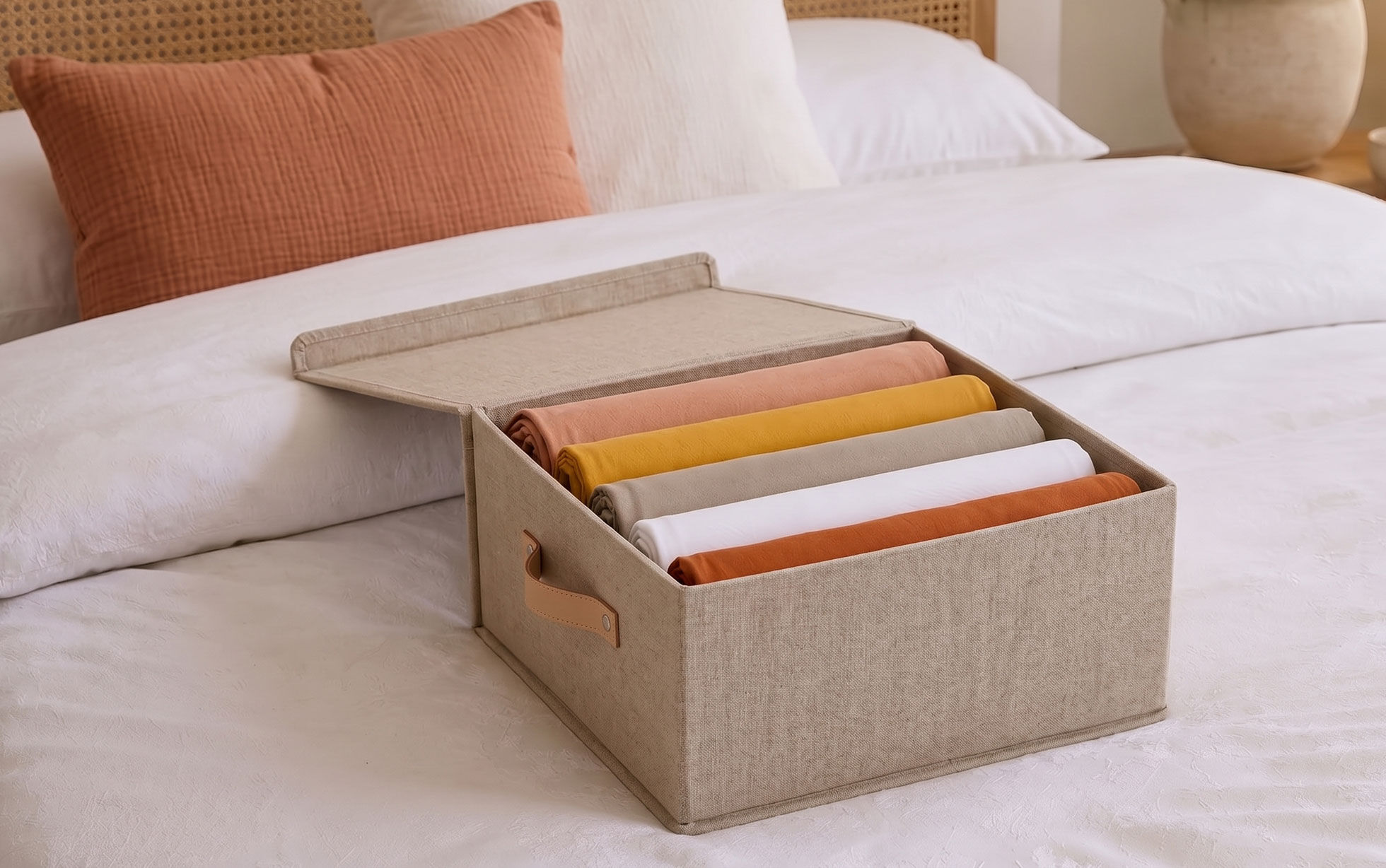 Gerolltes Spannbettlaken in Aufebwahrungsbox beige