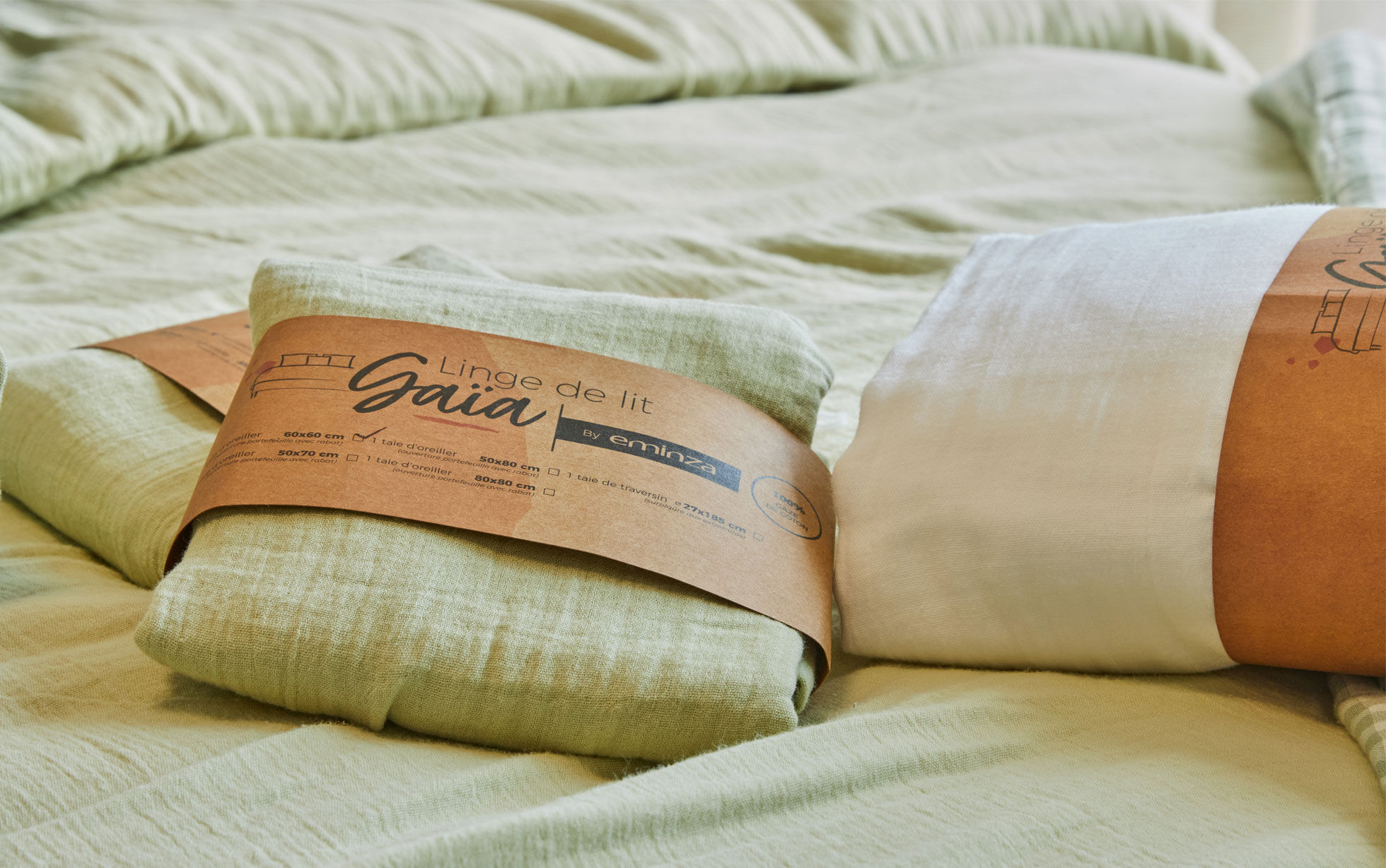 linge de lit en gaze de coton vert emballage carton