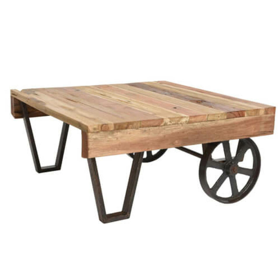 tavolo basso in legno e metallo a rotelle