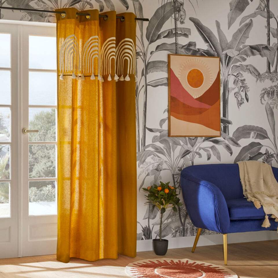 rideau jaune moutarde avec motifs ethnique