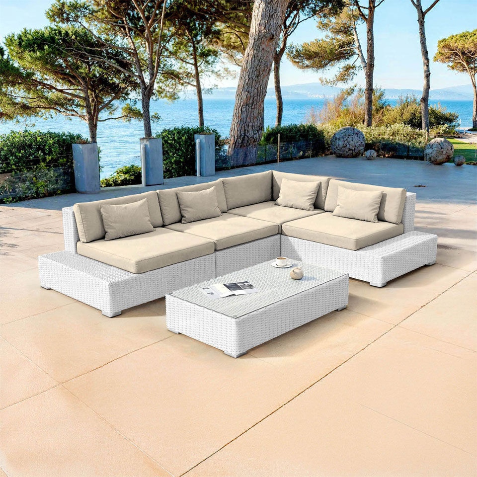 salon de jardin en résine tressée modulable blanc et beige