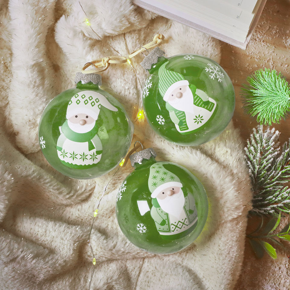 Palline natalizie in vetro con motivo di Babbo Natale verde rosmarino