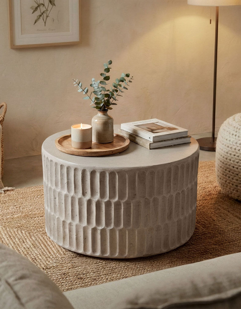 runder Beistelltisch aus weißem Stein