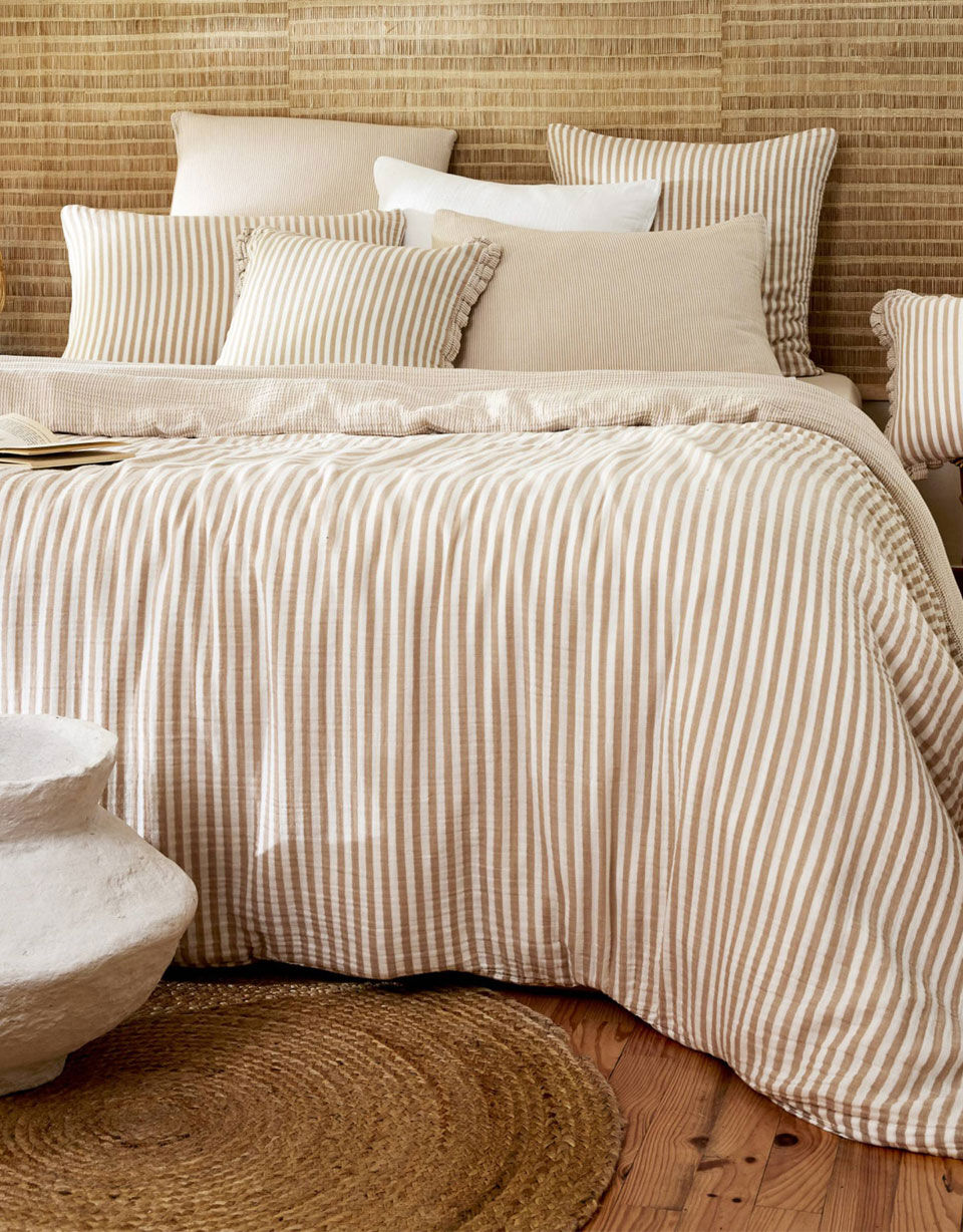 copripiumino in percalle di cotone a righe beige