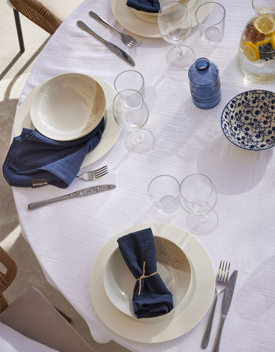 Mantel y servilletas de mesa estilo mediterráneo en gasa de algodón
