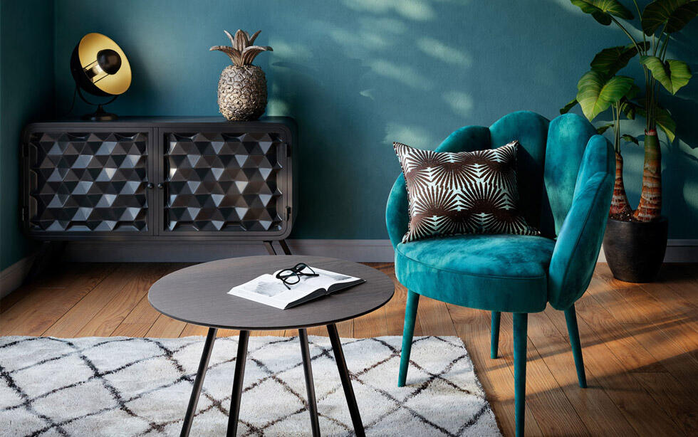 salón moderno con sillón azul trullo