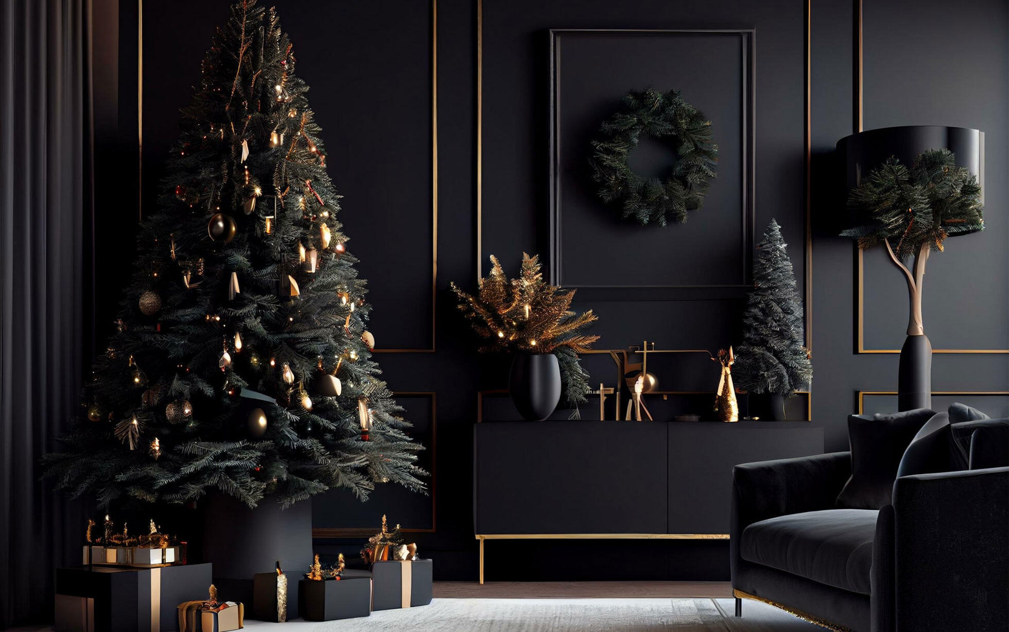 schwarzer gescmückter weihnachtsbaum