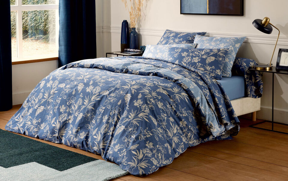 housse de couette motif végétal bleu