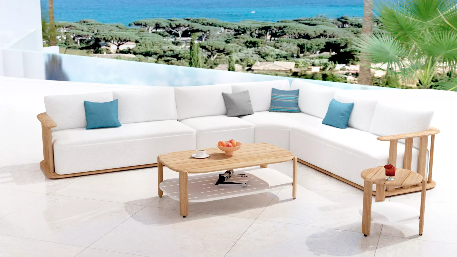 eminza Salon de jardin d'angle en bois teck 6 places Java Ecru