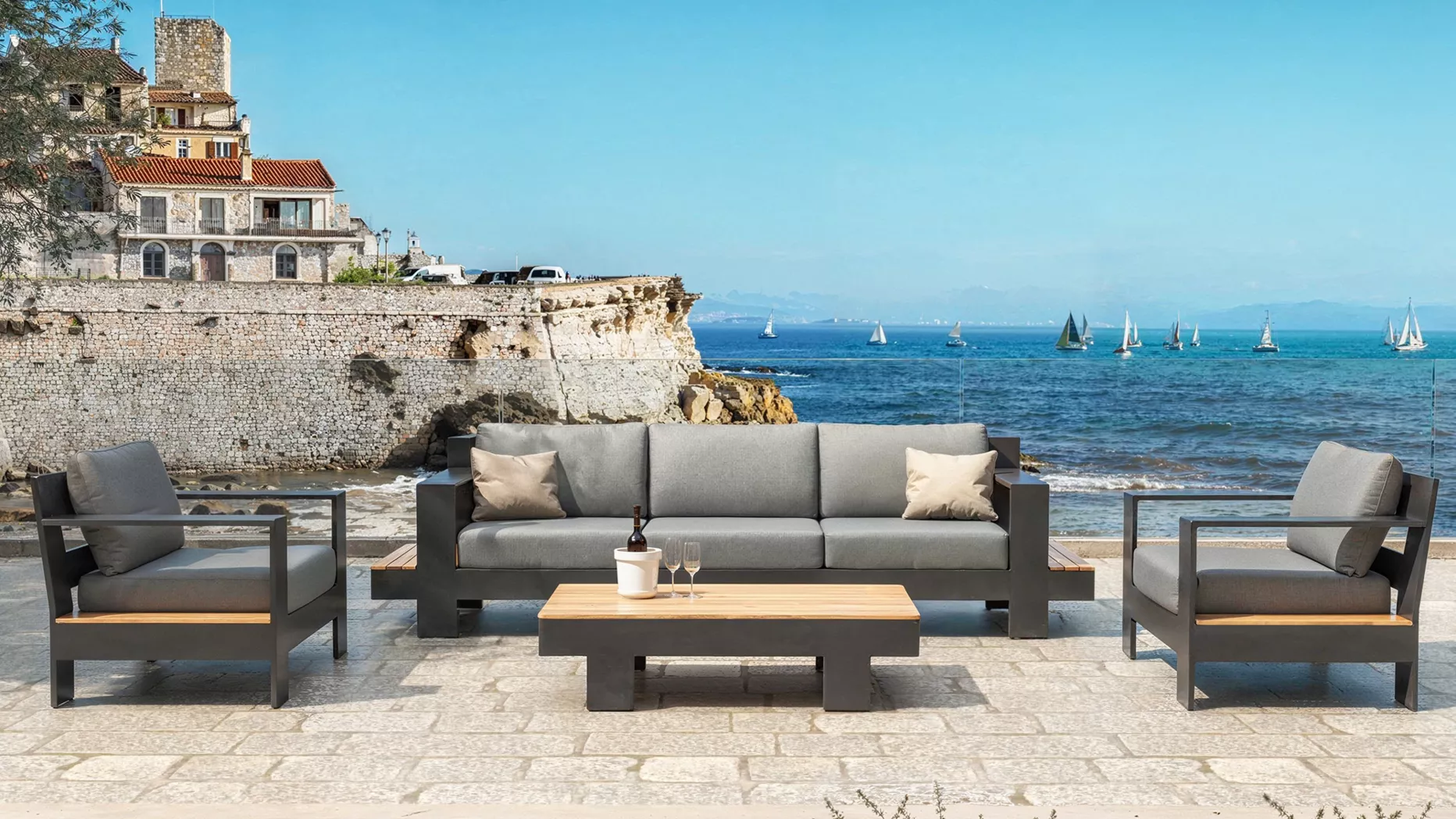 Salón de jardín en aluminio teck 5 lugares Antibes - Gris antracita