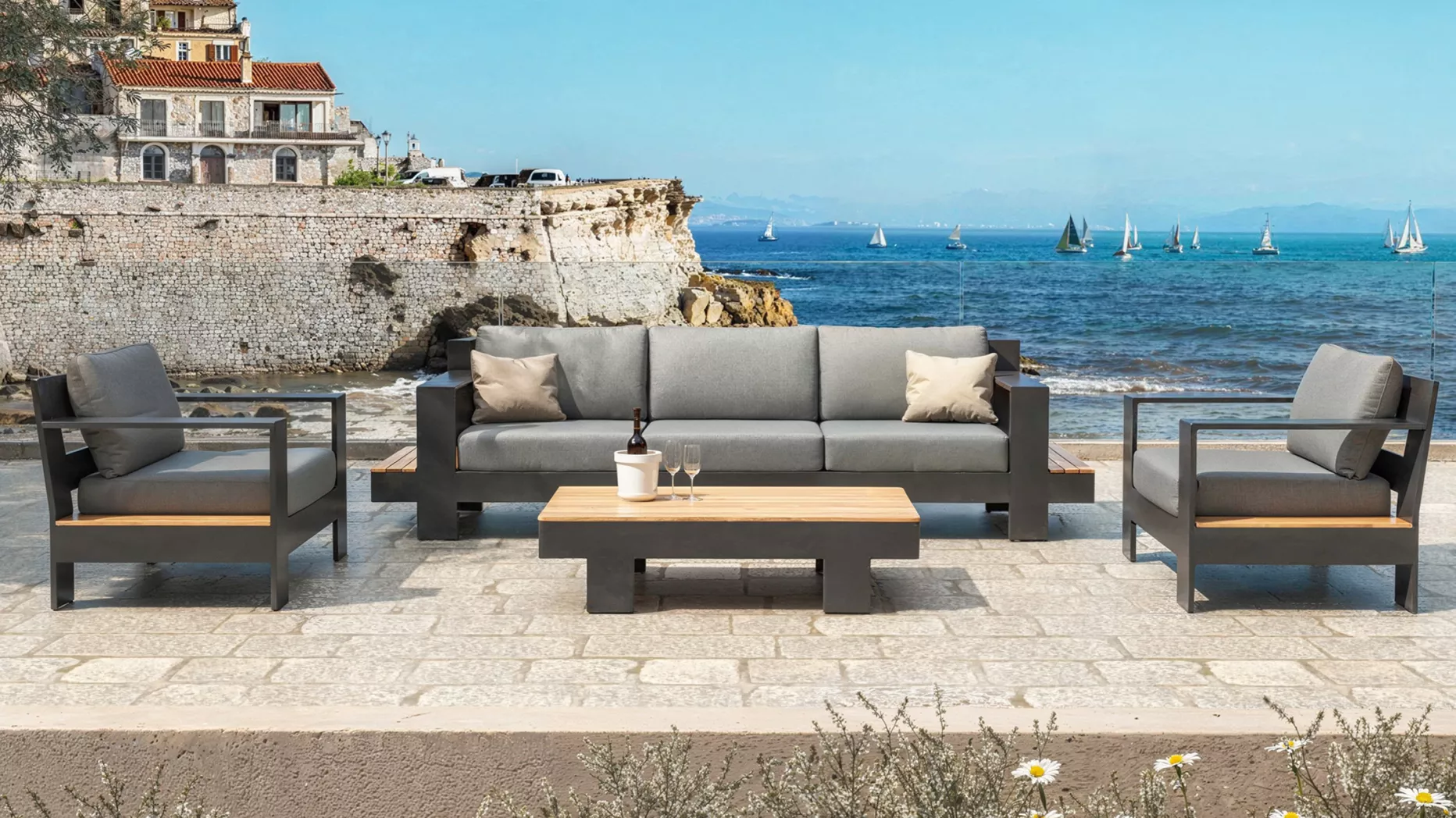 Salón de jardín en aluminio teck 5 lugares Antibes - Gris antracita
