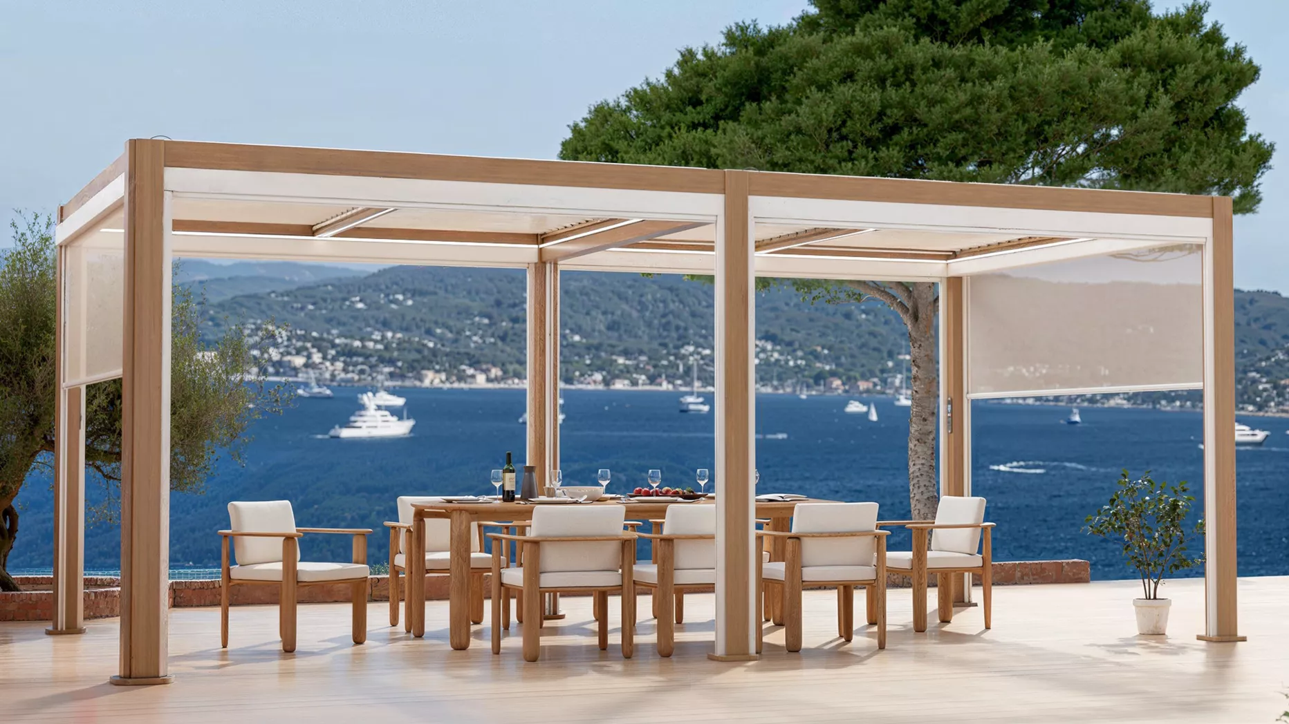 Gemotoriseerde zelfdragende bioklimatologische aluminium pergola (3 x 6 m) LED - Hout