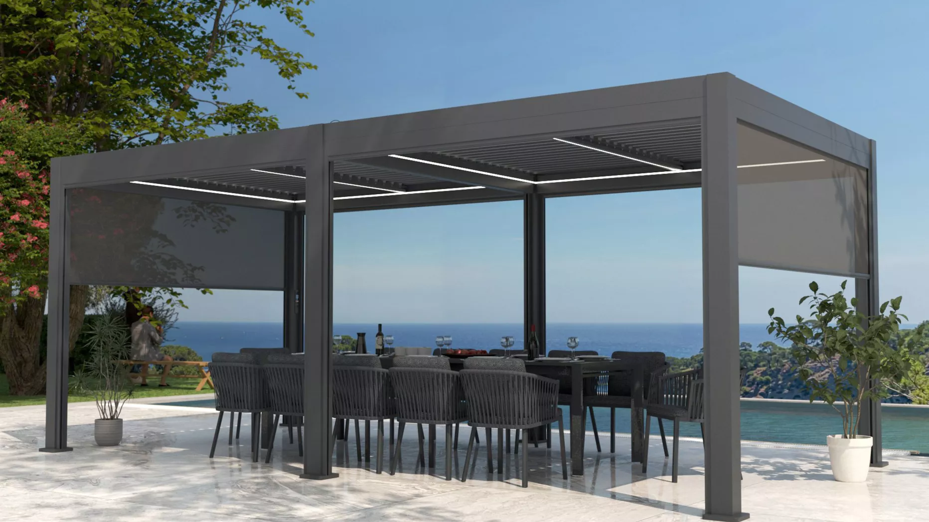 Pergola bioclimatica autoportante motorizzata alluminio (3 x 6 m) LED - Grigio antracite