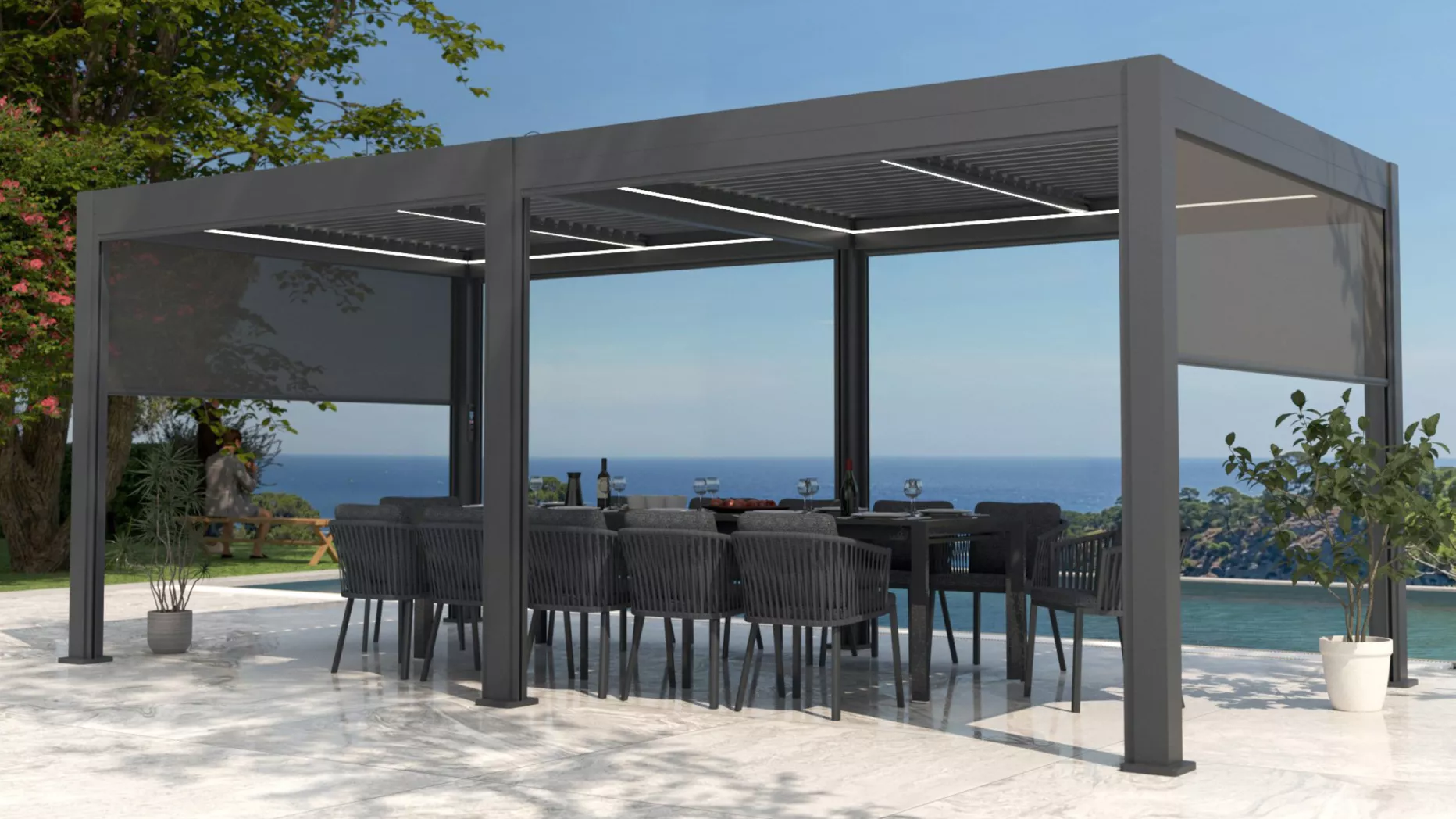 Pérgola bioclimática autoportante motorizada de aluminio  (3 x 6 m) LED - Gris antracita