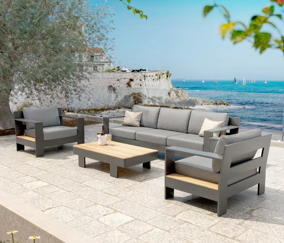 Salotto da giardino alluminio/teck 5 posti Antibes - Grigio antracite