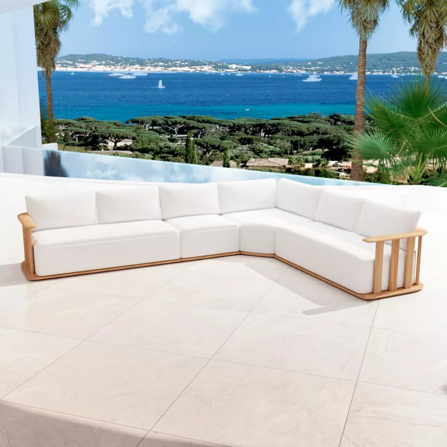 Salon de jardin d'angle bois teck 6 places Java - Ecru