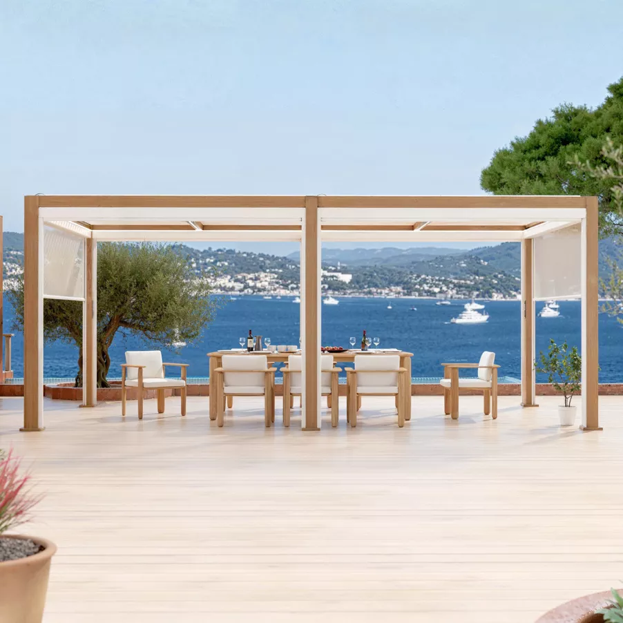 Gemotoriseerde zelfdragende bioklimatologische aluminium pergola (3 x 6 m) LED - Hout