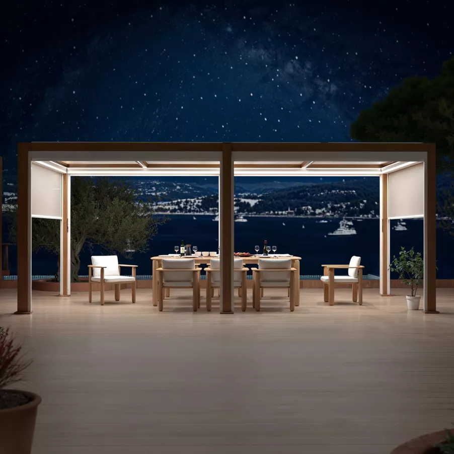 Gemotoriseerde zelfdragende bioklimatologische aluminium pergola (3 x 6 m) LED - Hout