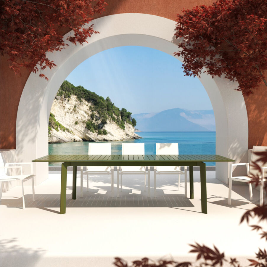 Mesa de jardín extensible en aluminio  10 lugares (286 x 100 cm) Portofino - Verde olivo