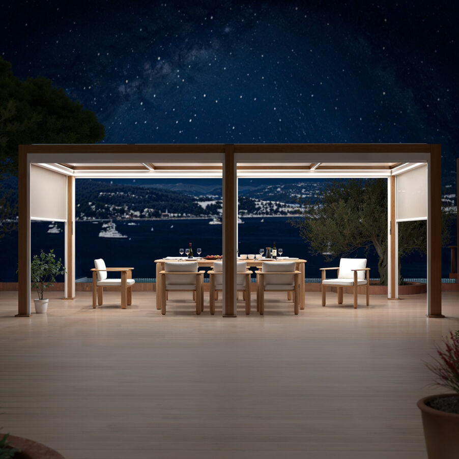 Pergola bioclimatique autoportée motorisée aluminium (3 x 6 m) LED - Bois