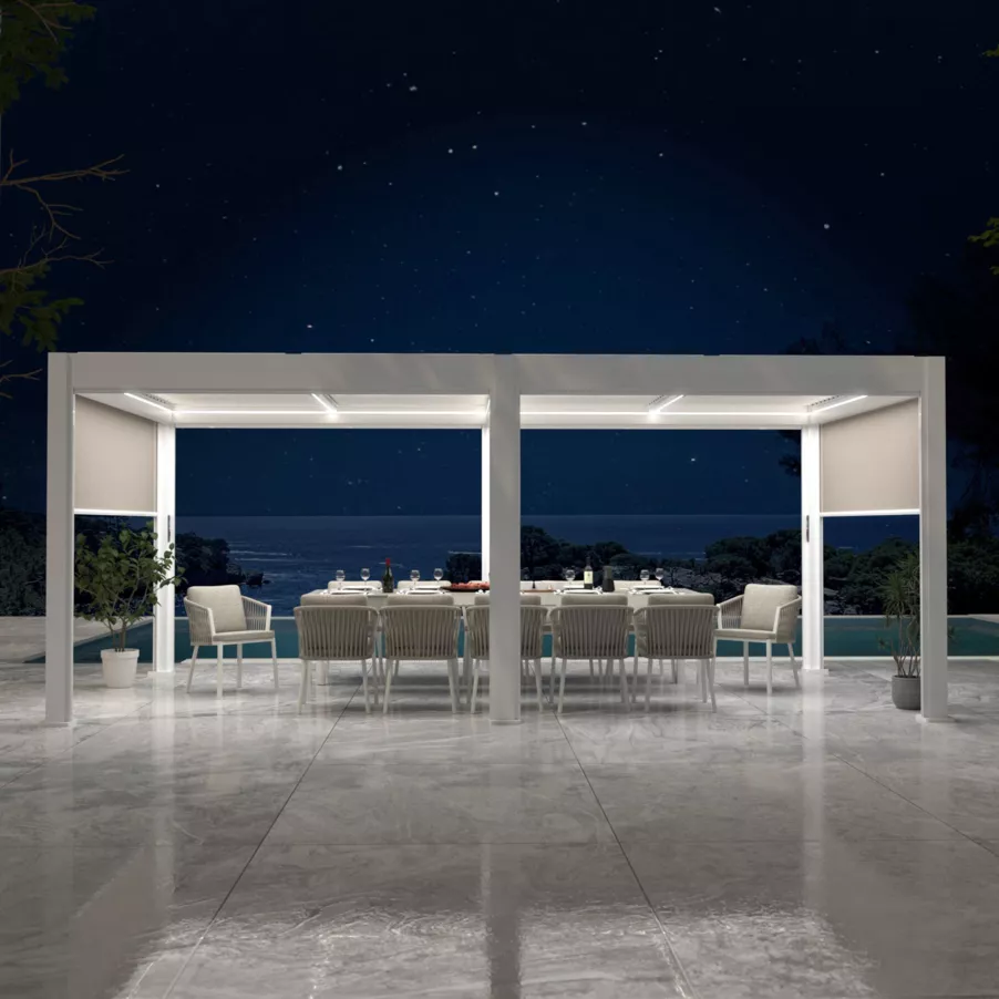 Pergola bioclimatica autoportante motorizzata alluminio (3 x 6 m) LED - Bianco