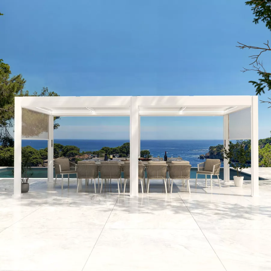 Pergola bioclimatique autoportée motorisée aluminium (3 x 6 m) LED - Blanc