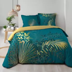 Housse de couette et deux taies coton (240 cm) Strassy Bleu canard