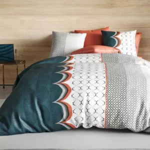 Housse de couette et deux taies coton (240 cm) Antan Bleu canard
