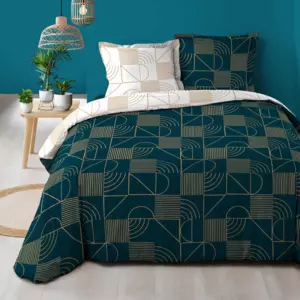 Housse de couette et deux taies coton (260 cm) Lineor Bleu marine et Or